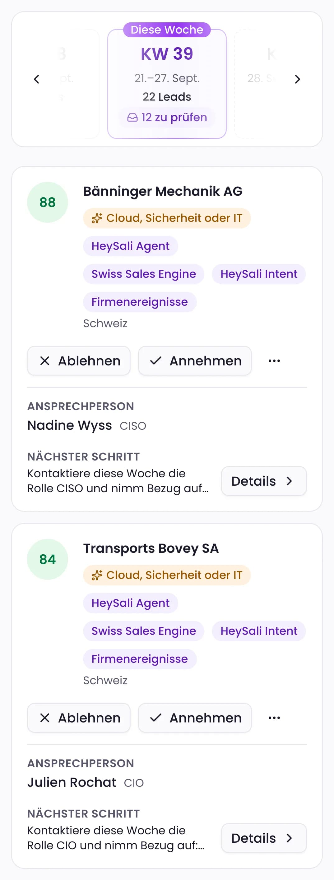 Wochenübersicht in HeySali: die Firmen dieser Woche mit Score, dem Signal dahinter und dem nächsten Schritt