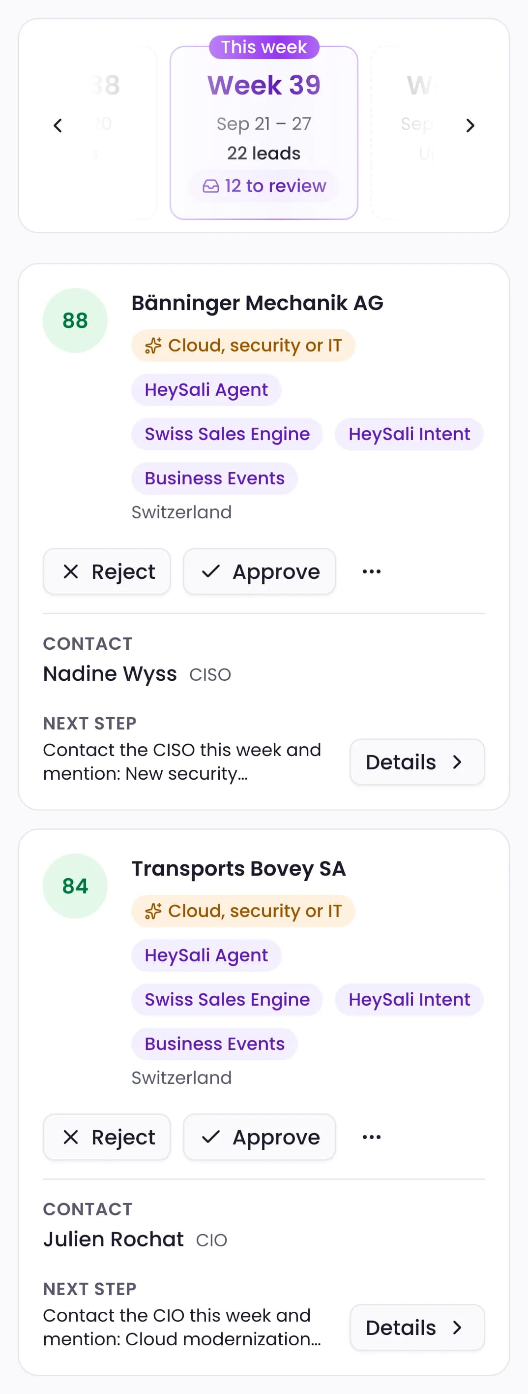 HeySali's weekly digest: this week's companies with their score, the signal behind each one and the next step