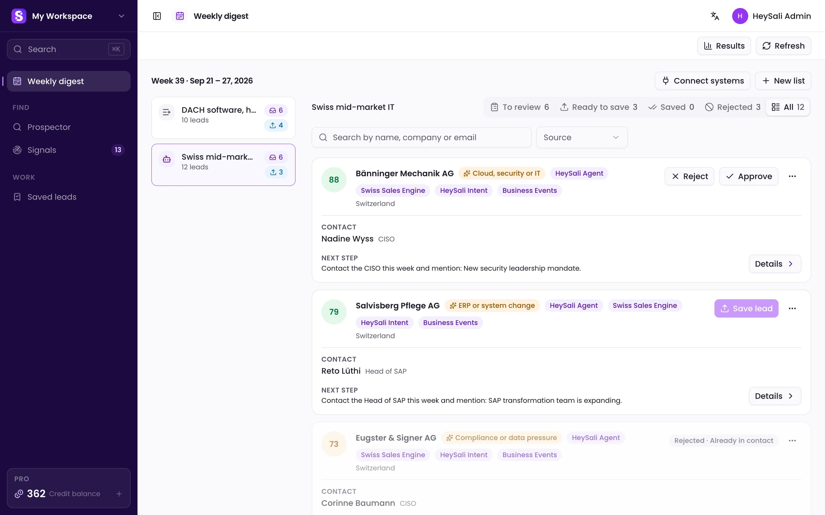 HeySali's weekly list: three of this week's companies with their score, the recommended contact and the next step, one still open, one approved and one rejected with a reason